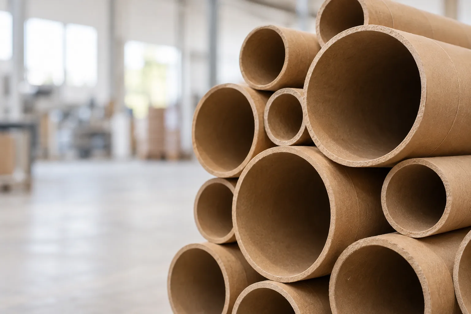 Tubos de papel kraft empilhados, com diferentes diâmetros
